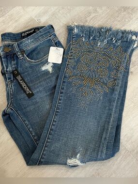 BLANKNYC Baxter Embellished Crop Denim Jean Frayed Hem 24 NWT Y2K Festival West